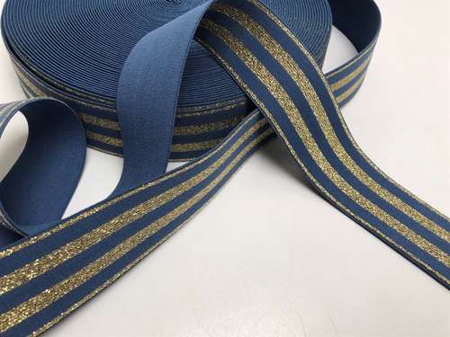 Blød elastik  - 4 cm stribet i denimblå med guldglimmer